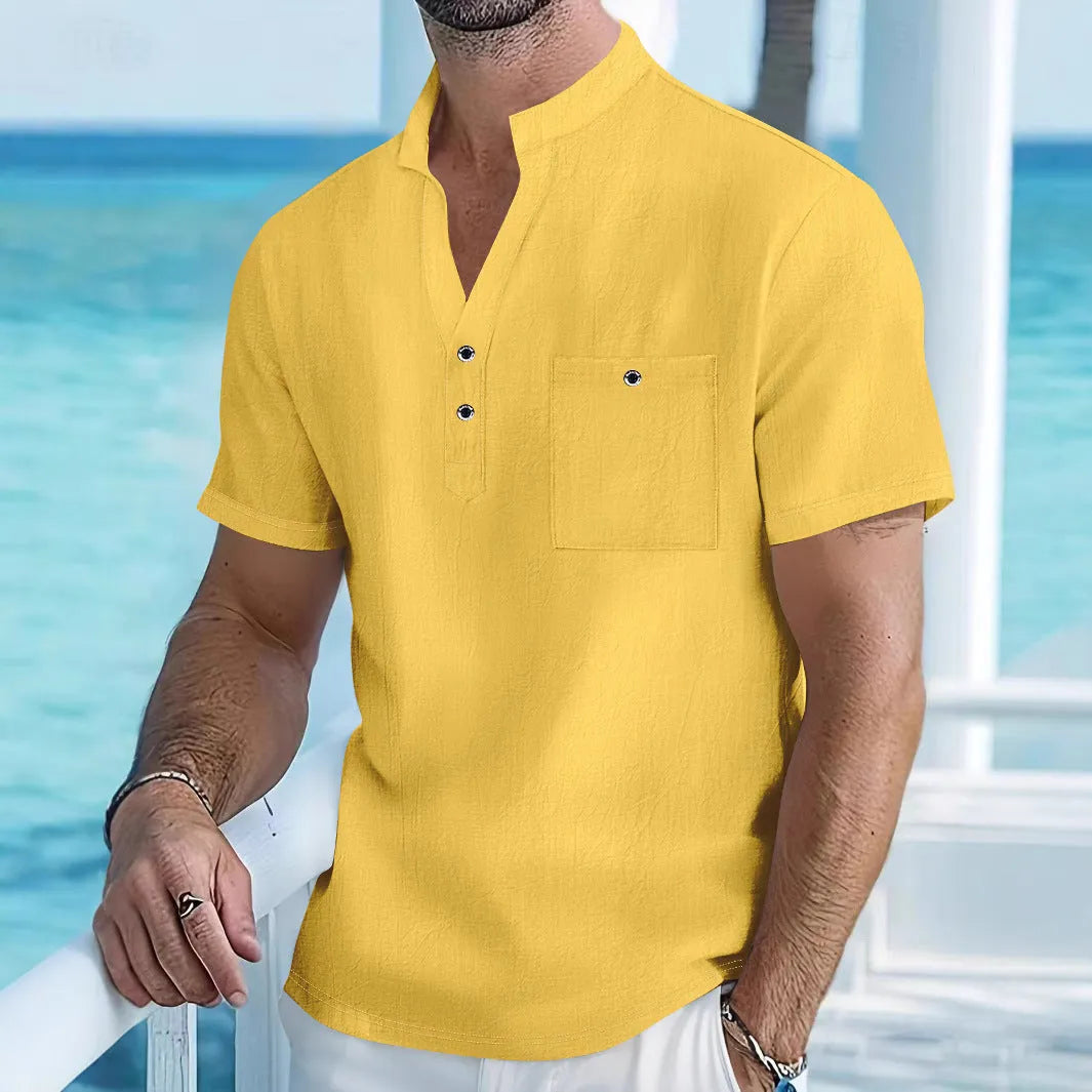 Men's light blue linen stand collar short sleeve t-shirt shown on a model, loose fit.