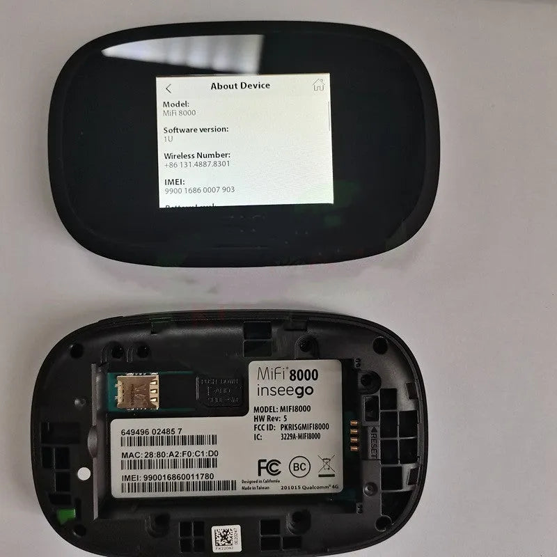 Black MIFI8000 portable 4G wireless router with compact design showing front panel indicators