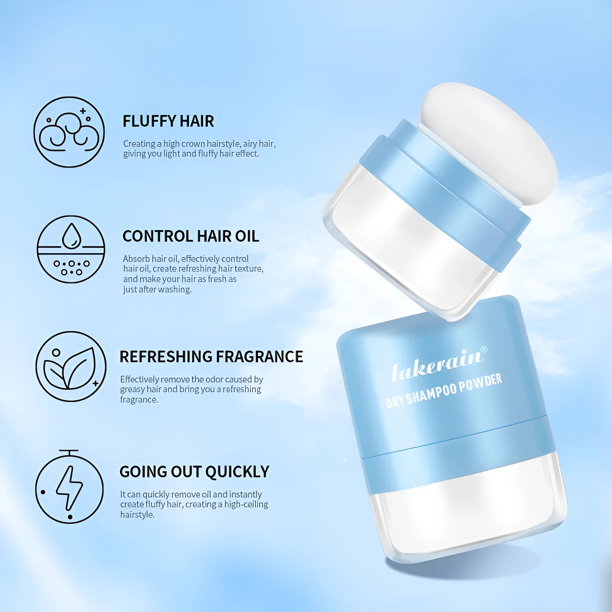 Disposable 5g dry shampoo powder sachet with sponge headband mirror applicator on blue background