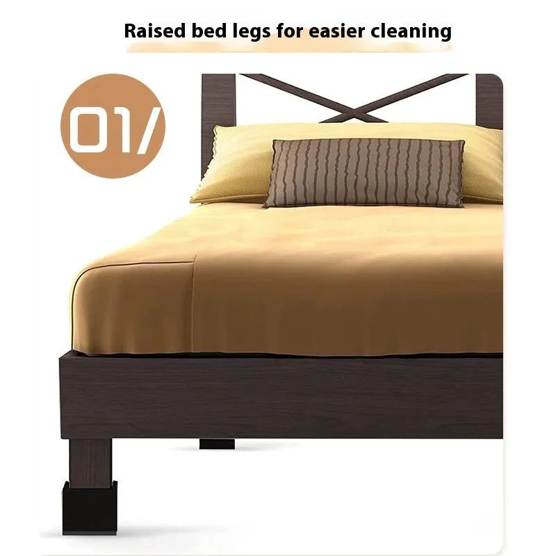 Four black plastic bed foot mats for furniture height adjustment and leg stabilisation