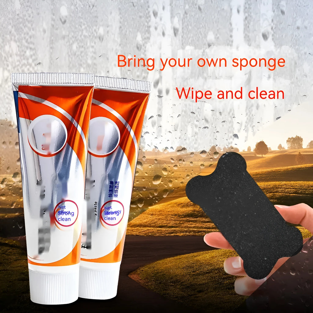 White bottle of 65ml car windscreen descaling paste and sponge mop for cleaning oily glass stains