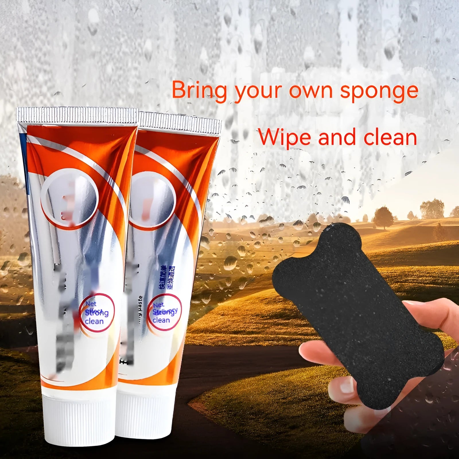White bottle of 65ml car windscreen descaling paste and sponge mop for cleaning oily glass stains