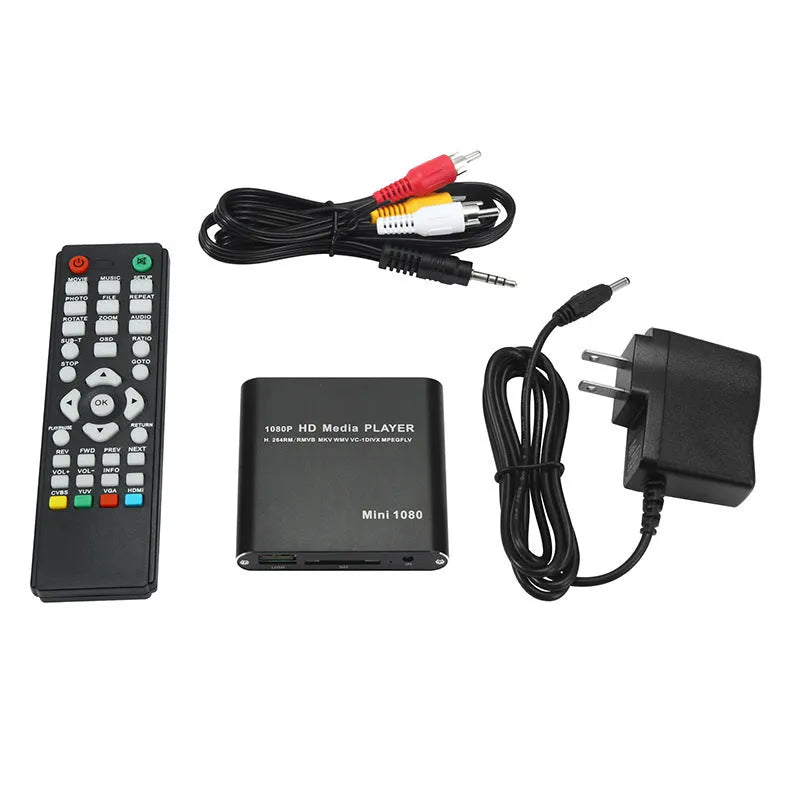 Compact black or blue 1080p Full HD media player with HDMI port, SD card slot and USB input