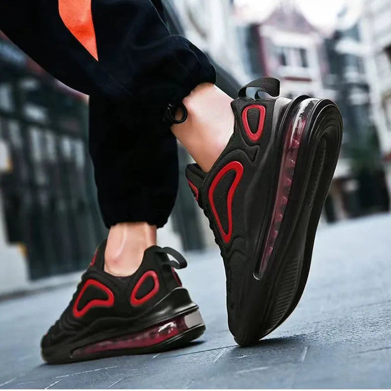 Men's black lace-up sneakers with air cushion technology and thick sole for running