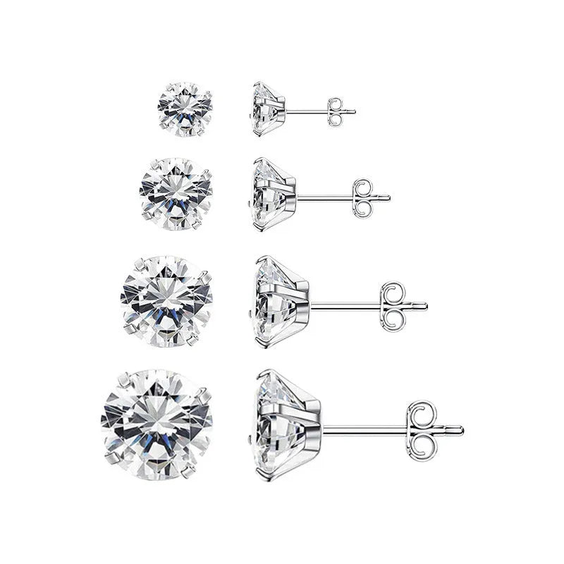 Square geometric stainless steel stud earrings with round zircon stone in centre, shown in gold and steel colour finishes