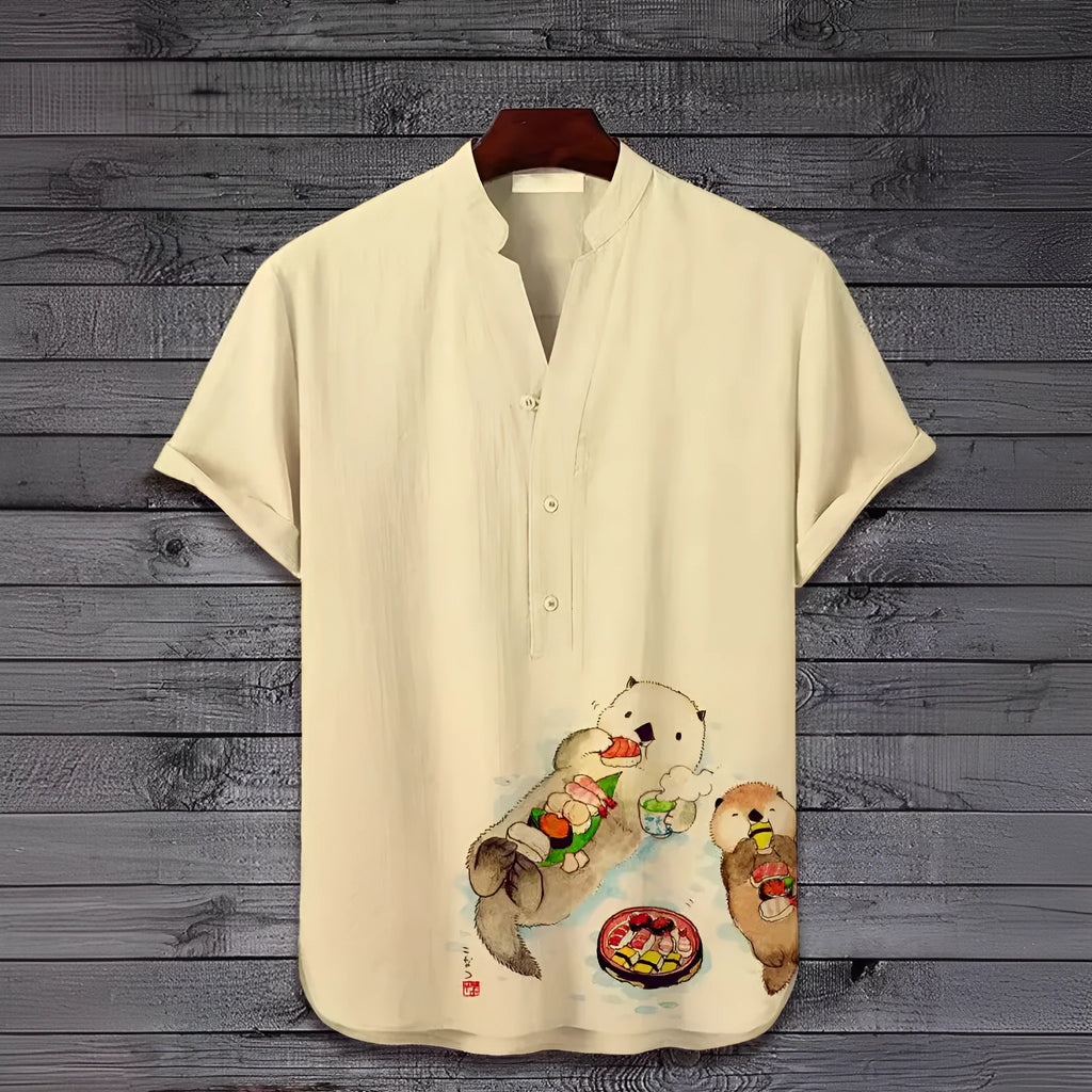 Short sleeve casual shirt with a vibrant 3D digital animal pattern print on the front.