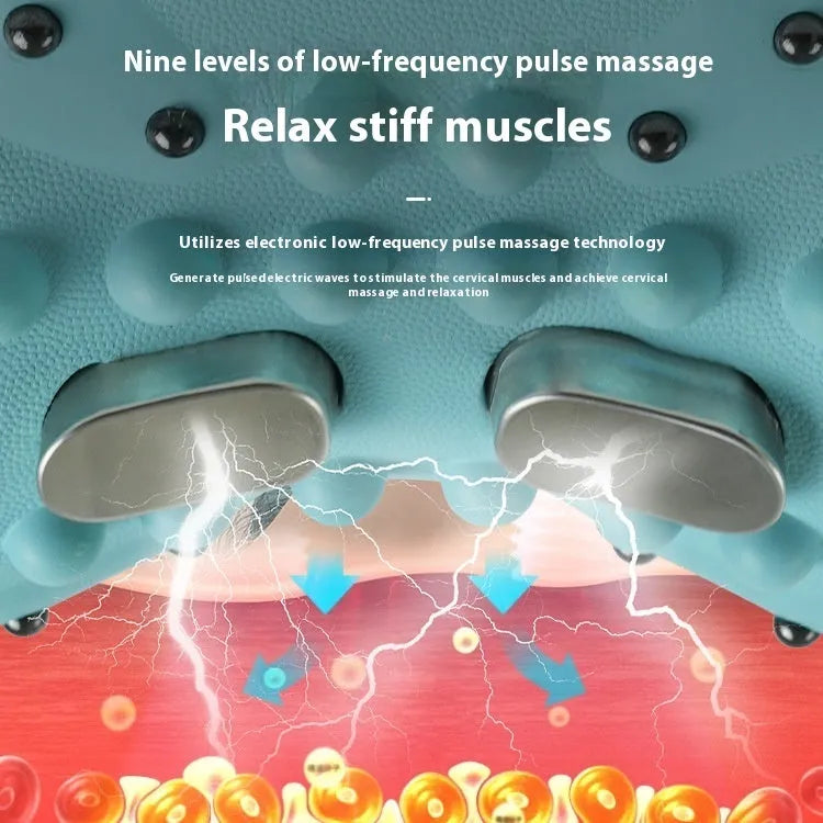 Blue-green EMS hot compress massage pillow for shoulders and neck