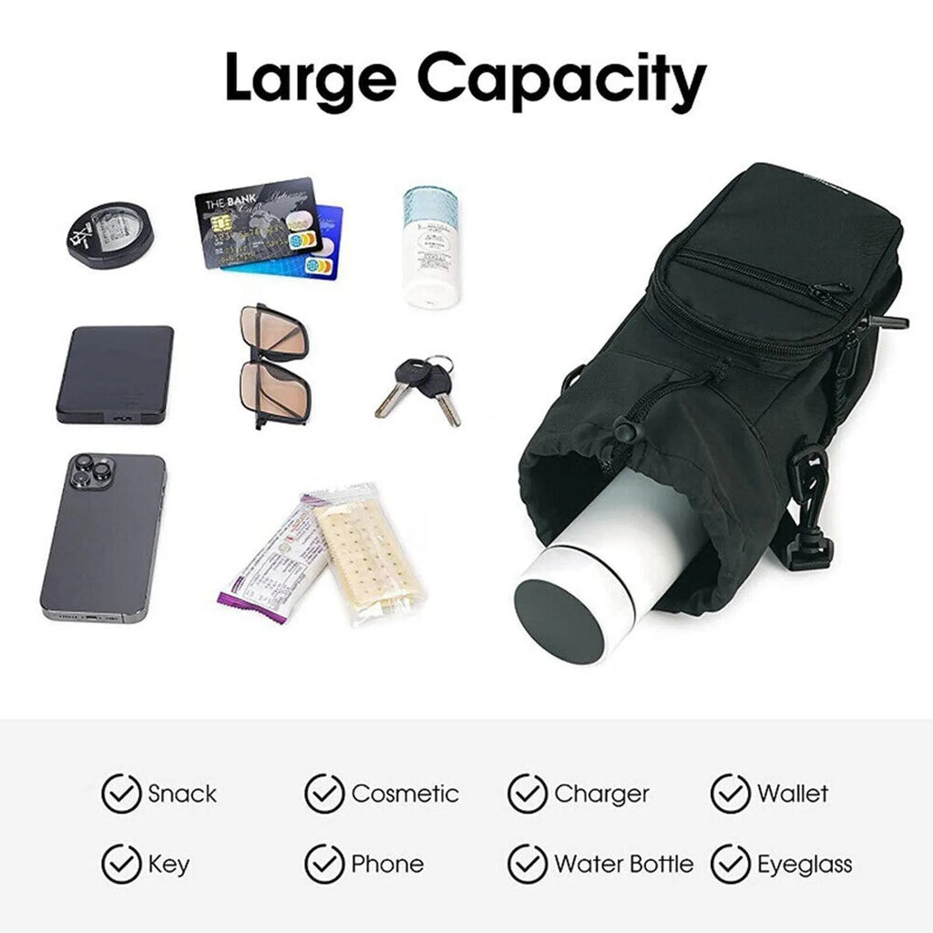 Cloth water bottle pouch with crossbody strap in black, green, and pink colour options