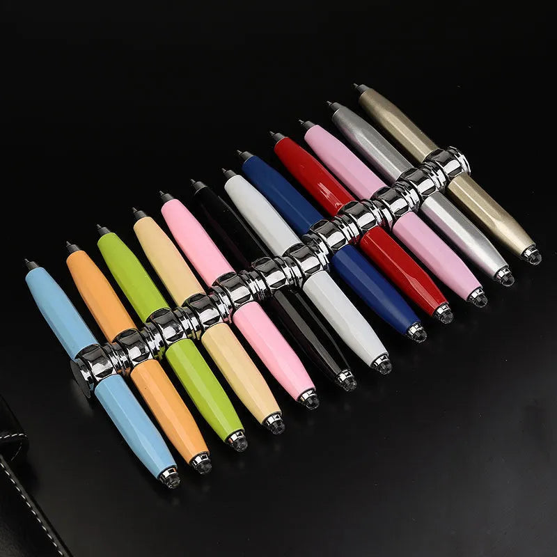 Creative multi-function LED pen spinning decompression gyro metal ballpoint pen with spinner top