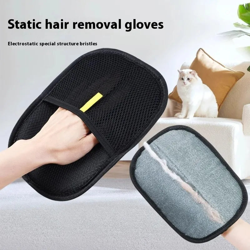 Black pet hair removal glove with silicone bristles for dog and cat grooming measuring 24 by 16 cm