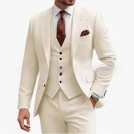 Men's slim fit three-piece suit in a chemical fibre blend, shown in a selection of available colours.