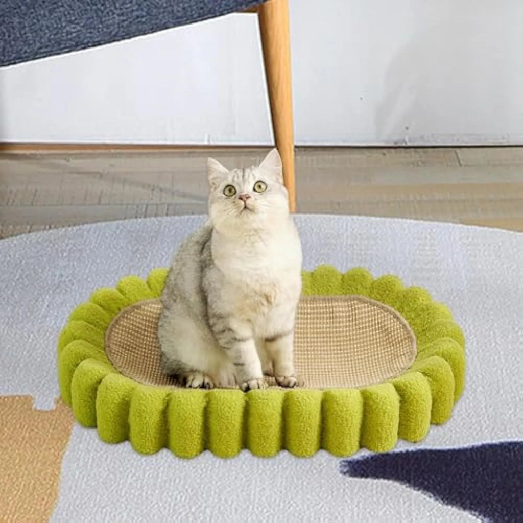 Green oval-shaped cat scratching pad with sisal fabric, serving as a lounge bed for cats.