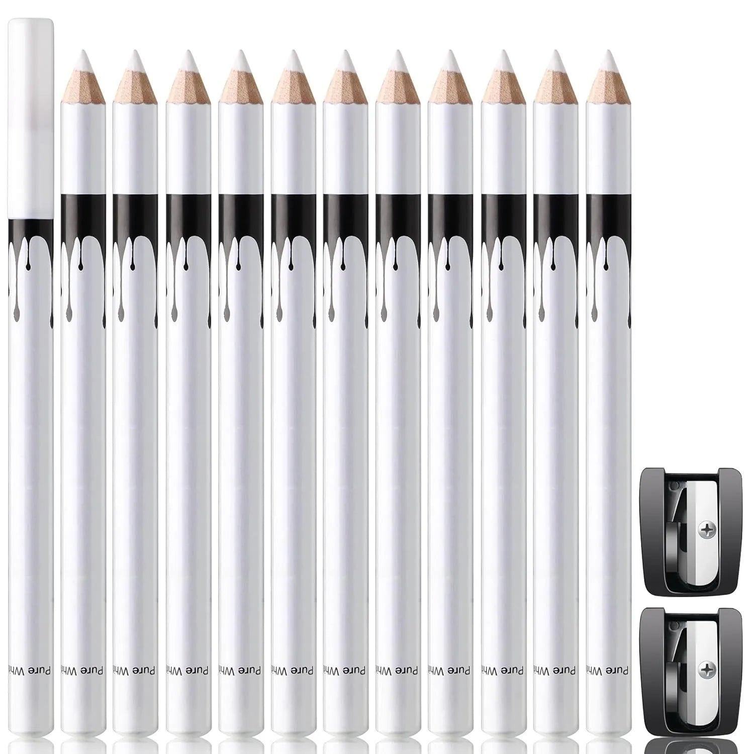 12 piece white and black waterproof eyeliner pencil set with sharpener for eyebrows, eyeshadow and lip lining