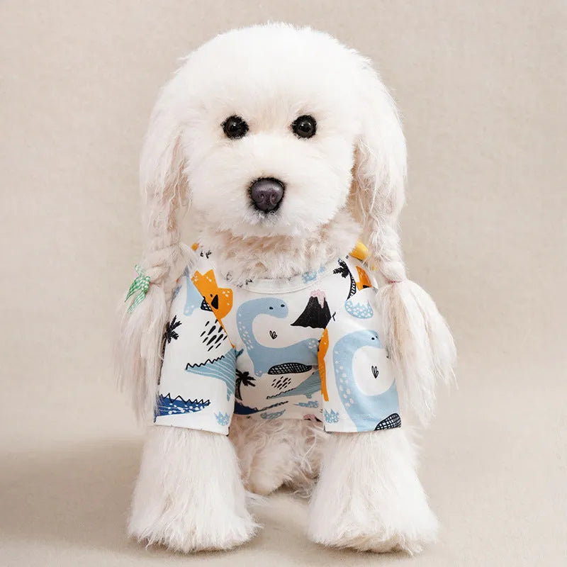 Printed polyester casual t-shirt for small dogs with full graphic design showing colour variants and size options