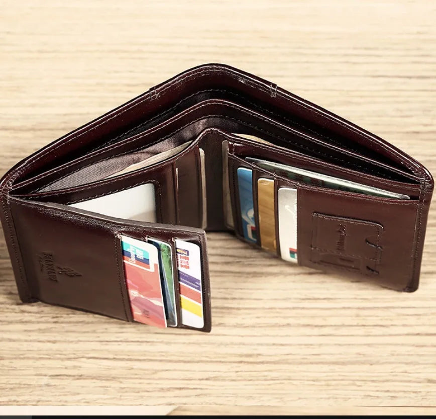 Men's leather bi-fold wallet with RFID protection in black or coffee brown