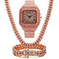 Roman numeral quartz watch with square diamond-studded dial and black mesh band with matching bracelet and necklace