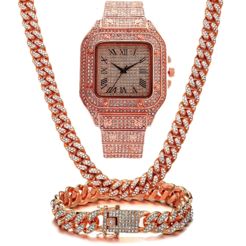 Roman numeral quartz watch with square diamond-studded dial and black mesh band with matching bracelet and necklace