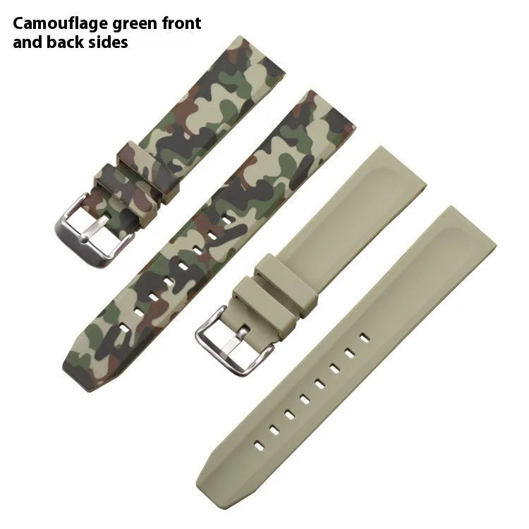 Camouflage pattern silicone watch strap in blue, gray, or green, showing flat head design