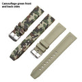 Camouflage pattern silicone watch strap in blue, gray, or green, showing flat head design