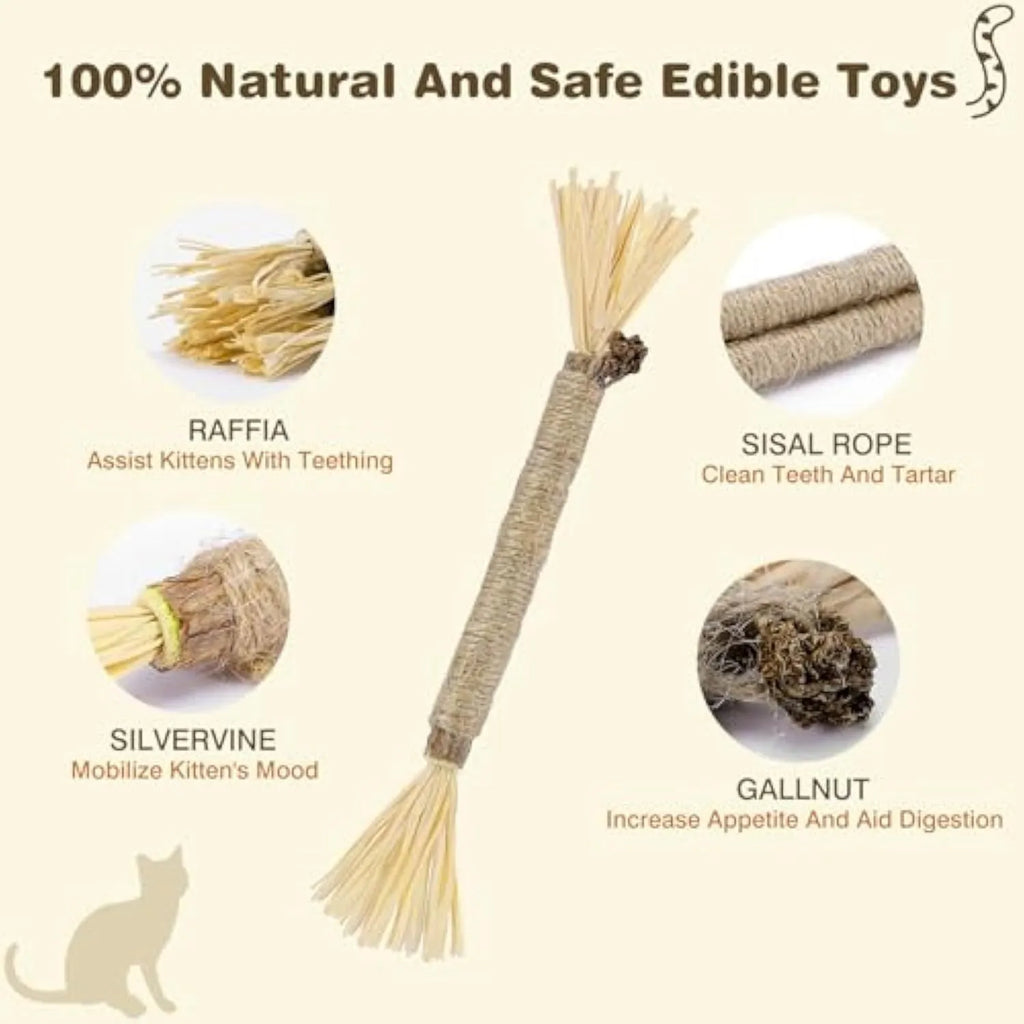 3 natural silvervine dental sticks for cats with sisal rope and raffia, thick and fine diameter options
