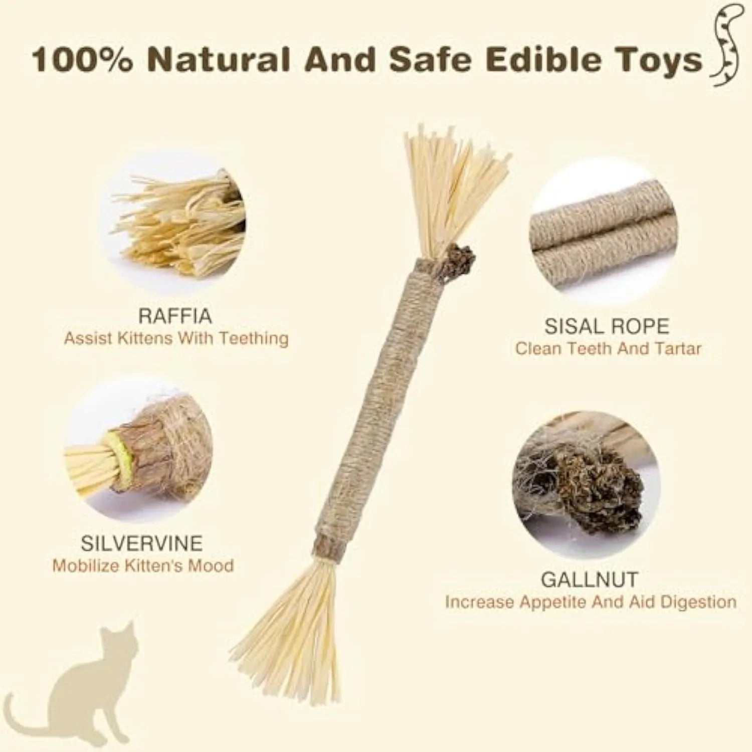 3 natural silvervine dental sticks for cats with sisal rope and raffia, thick and fine diameter options