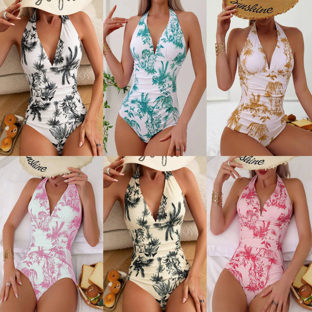 Women's printed V-neck one-piece swimsuit in multiple colour options