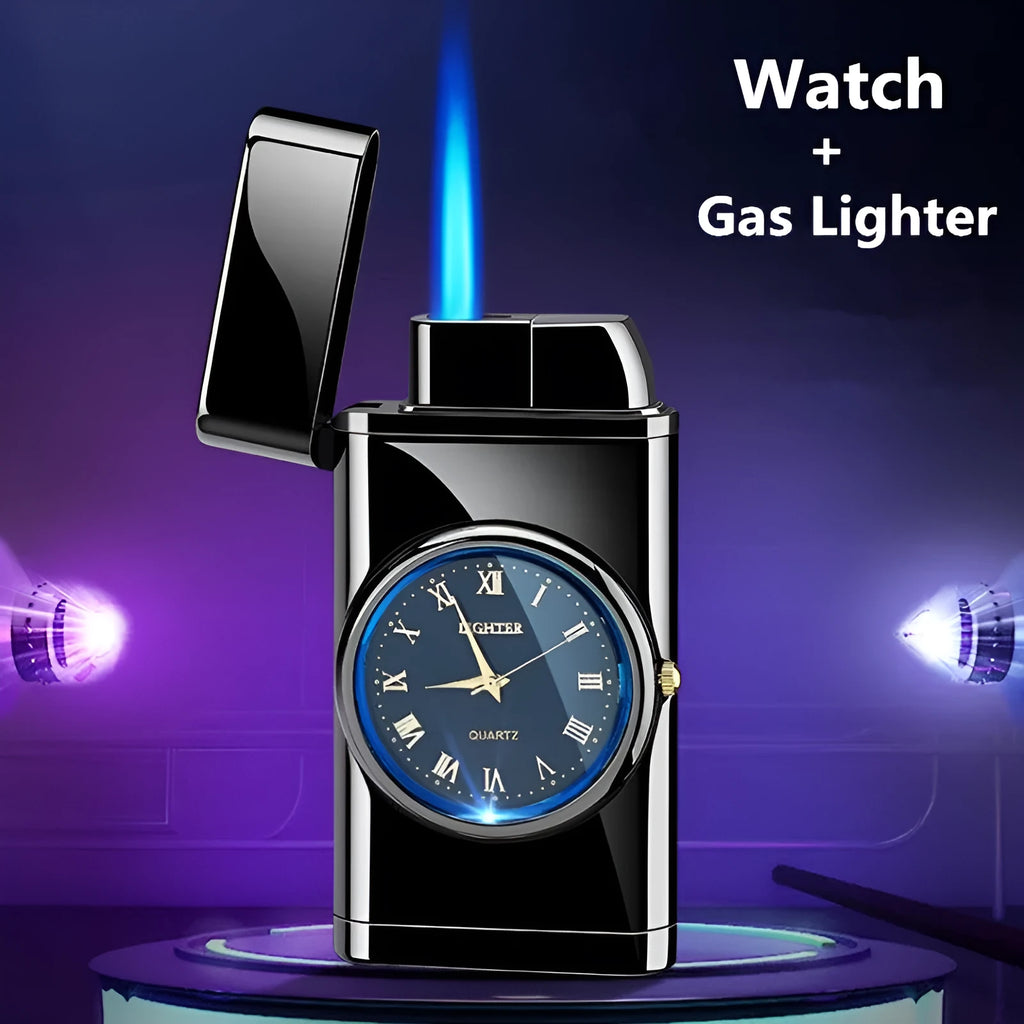 Multifunctional electronic watch gas lighter with LED lamp in multiple metal finishes