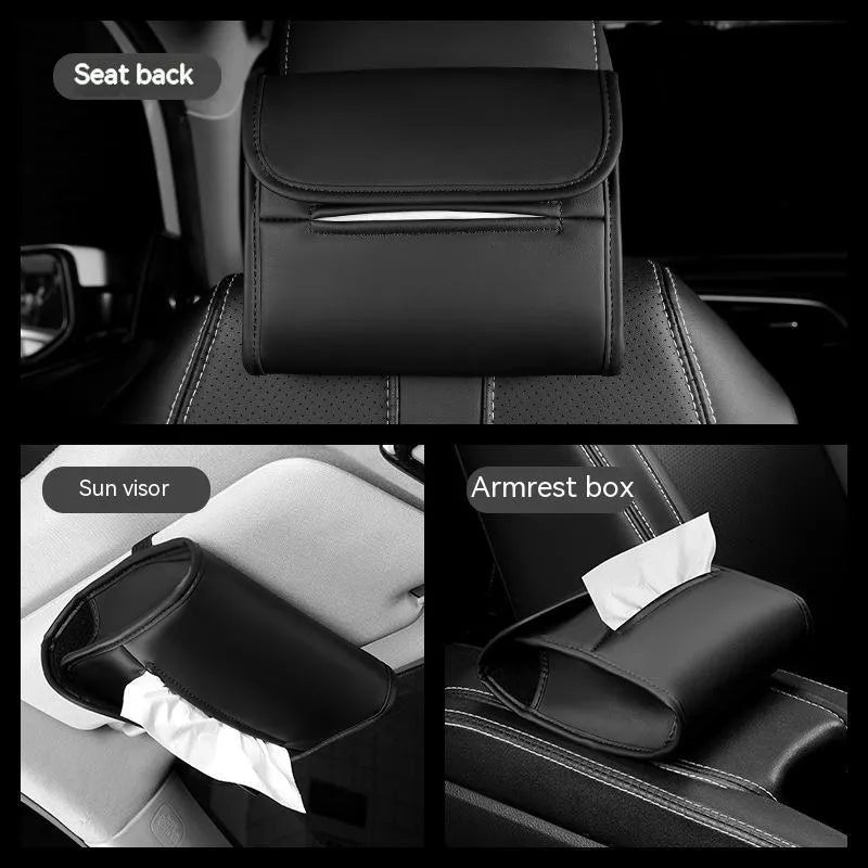Brown leather car tissue box with elastic band hanging from a car sun visor