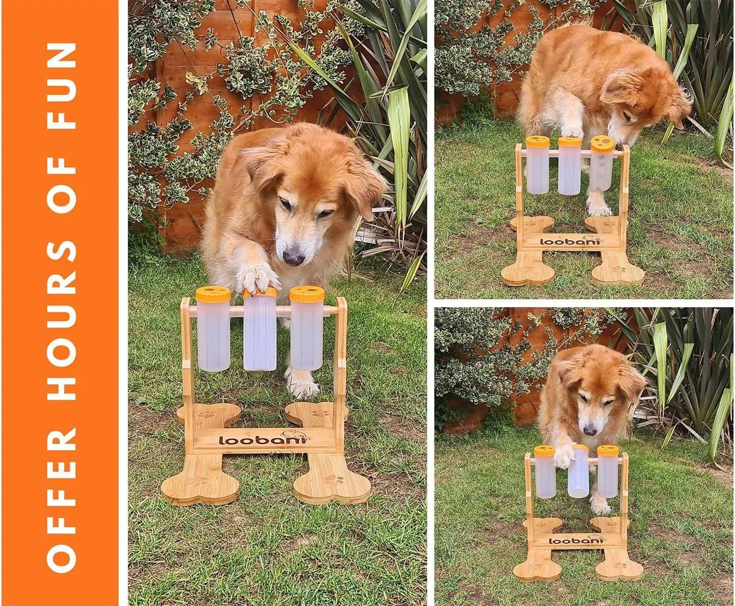 Wooden dog puzzle toy interactive snack dispenser feeder measuring 31x30x20cm