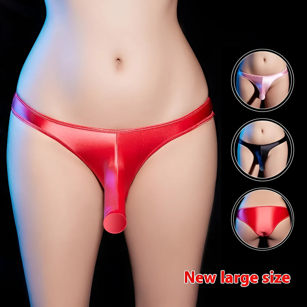 Men's shiny nylon low waist T-back underwear shown in black, white, pink, red, and dark grey colours