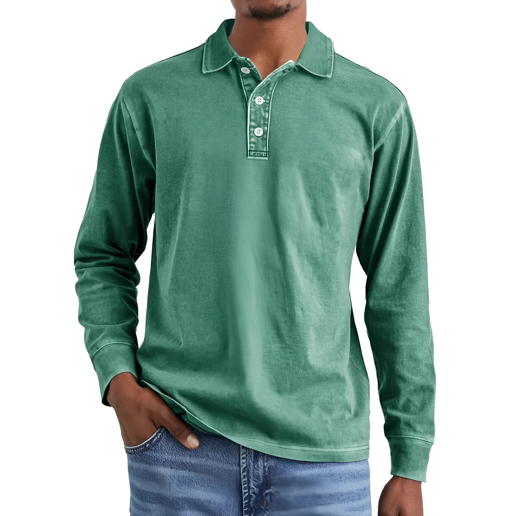 Men's retro washed pure cotton long sleeve polo shirt with a lapel collar in Army Green.