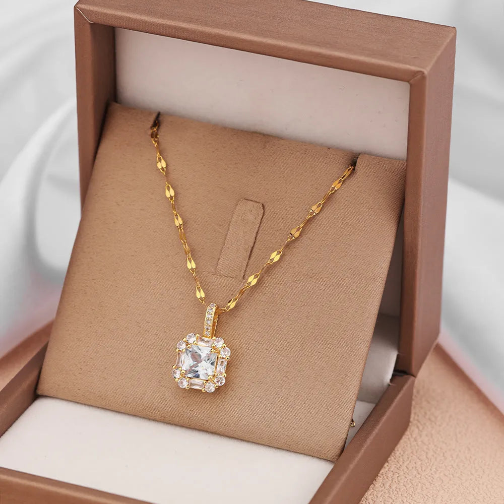 Women's titanium steel clavicle chain with geometric zircon and gem inlaid pendant in gold