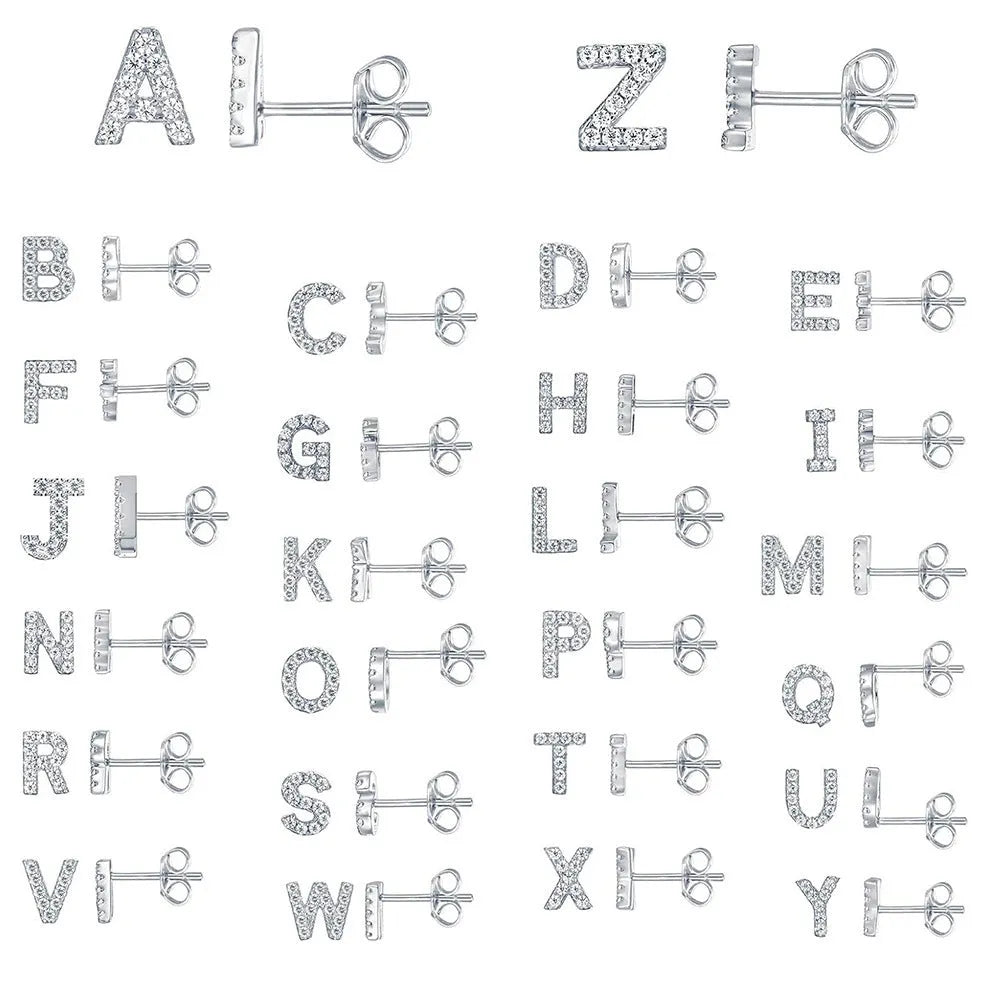 Gold plated alphabet letter stud earrings with zircon stones showing A to Z selection on copper base