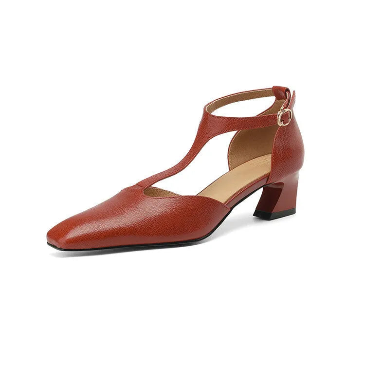 Red women's square toe chunky heel shoes with buckle, made from sheepskin leather.