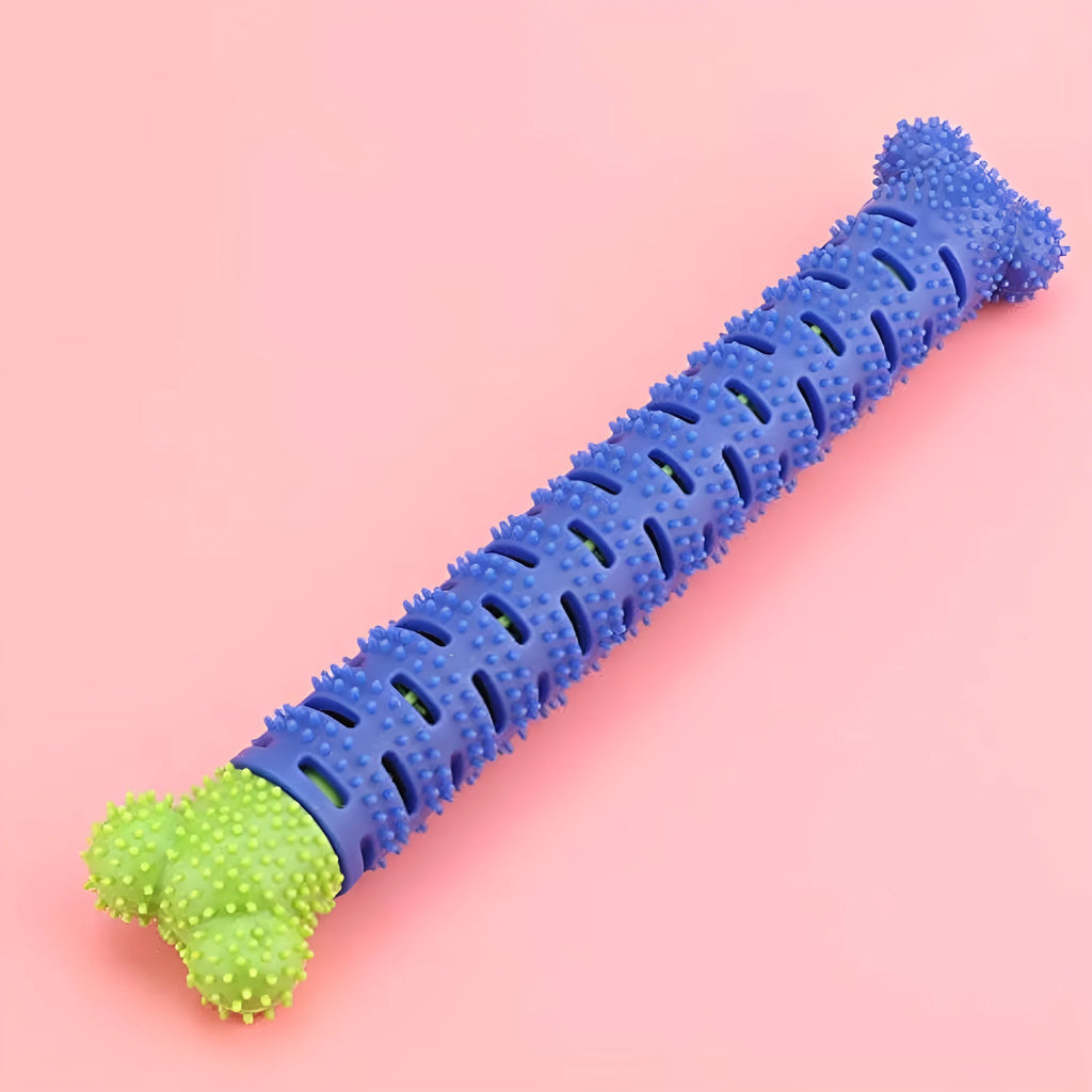 Blue-green silicone dog tooth cleaning stick with brush hair core measuring 25cm long