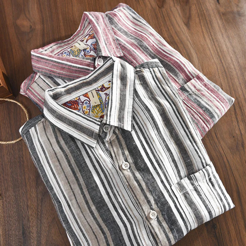 Men's linen striped shirt in red or grey with long sleeves and loose casual fit