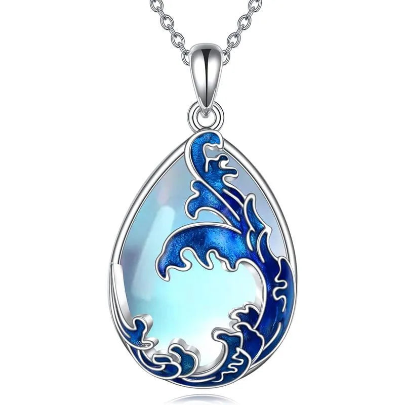 Moonstone blue heart pendant necklace for women with alloy construction and included chain