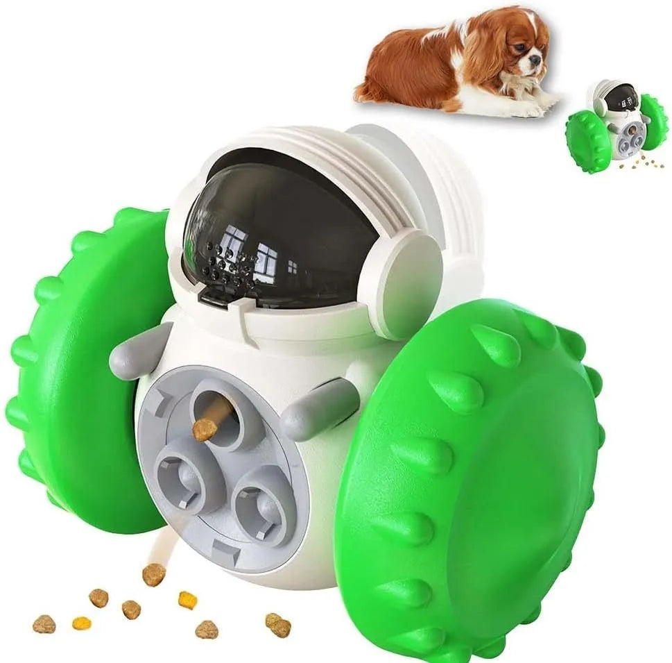 Robot-shaped treat dispenser tumbler toy for small dogs and cats in assorted colours.