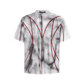 Women's padded shoulder T-shirt with three-dimensional line patchwork design and round neck collar