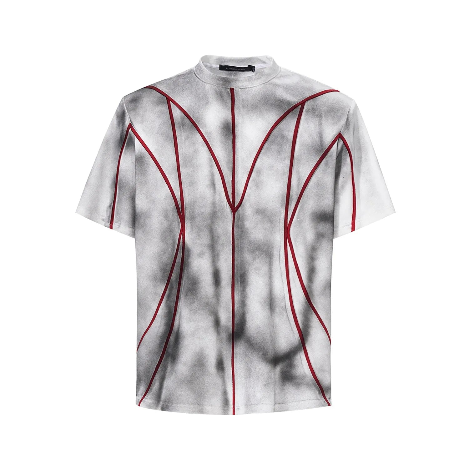 Women's padded shoulder T-shirt with three-dimensional line patchwork design and round neck collar