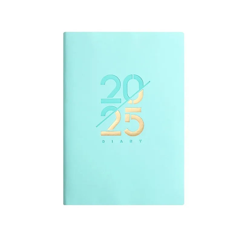 A5 daily planner book with soft faux leather cover in blue colour option showing open pages