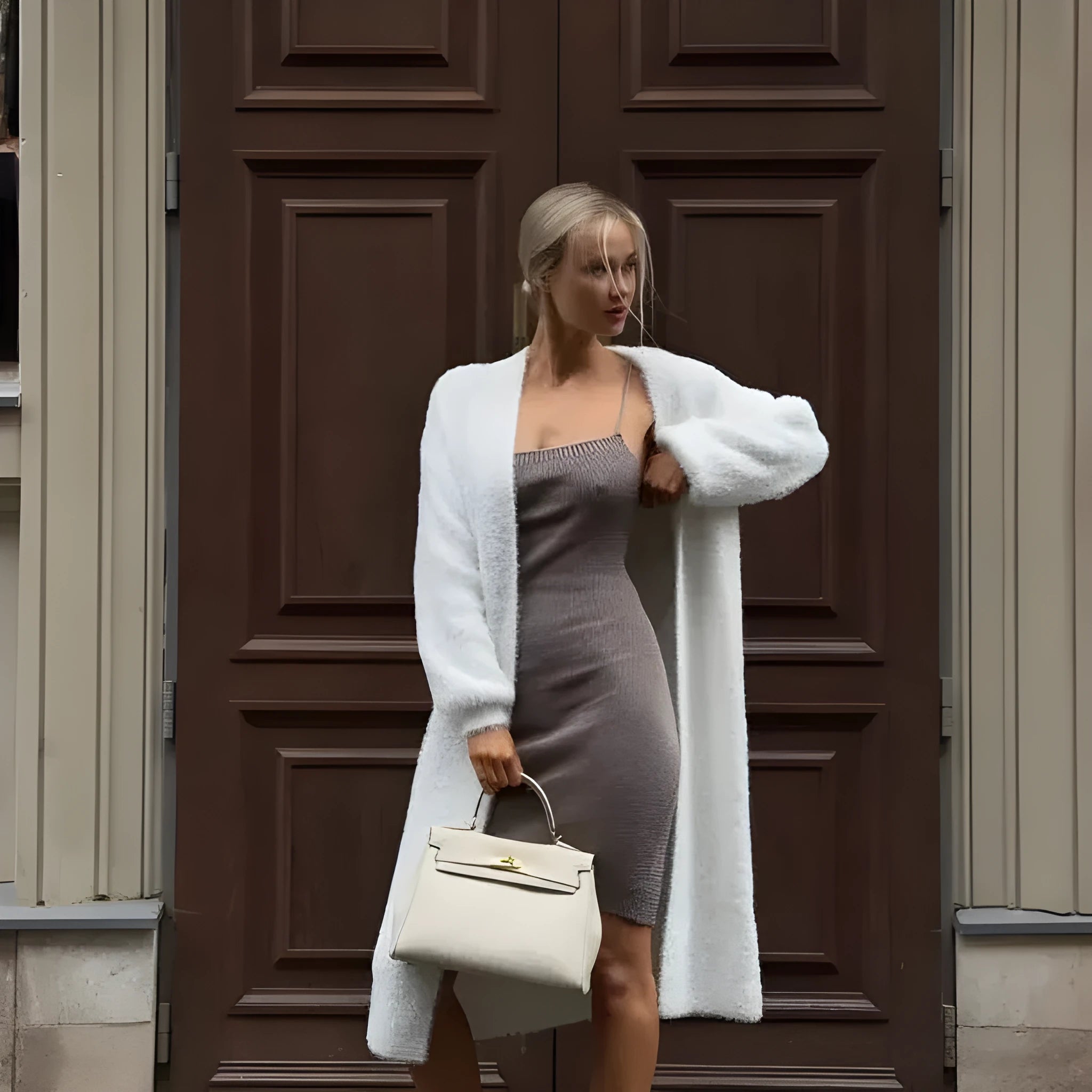 Women's white thick knitted cardigan jacket with extended length and regular sleeves