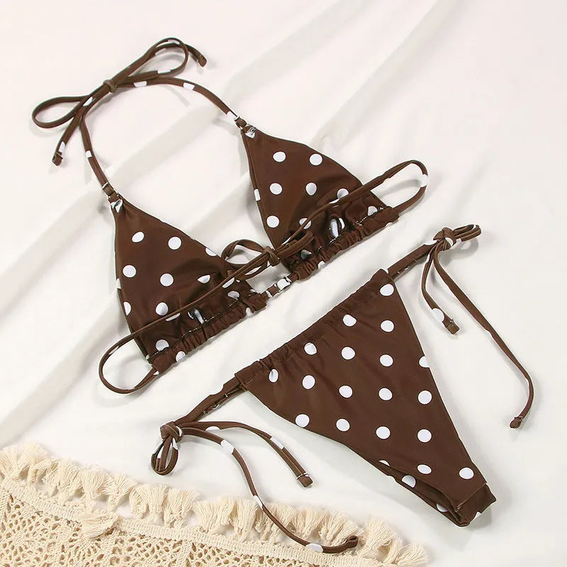 Women's polka dot print split bikini swimsuit in brown dot design with triangle bra style