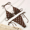 Women's polka dot print split bikini swimsuit in brown dot design with triangle bra style