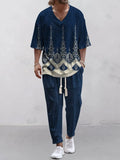 Cropped sleeves V-neck trousers suit in lightweight polyester fabric with matching trousers