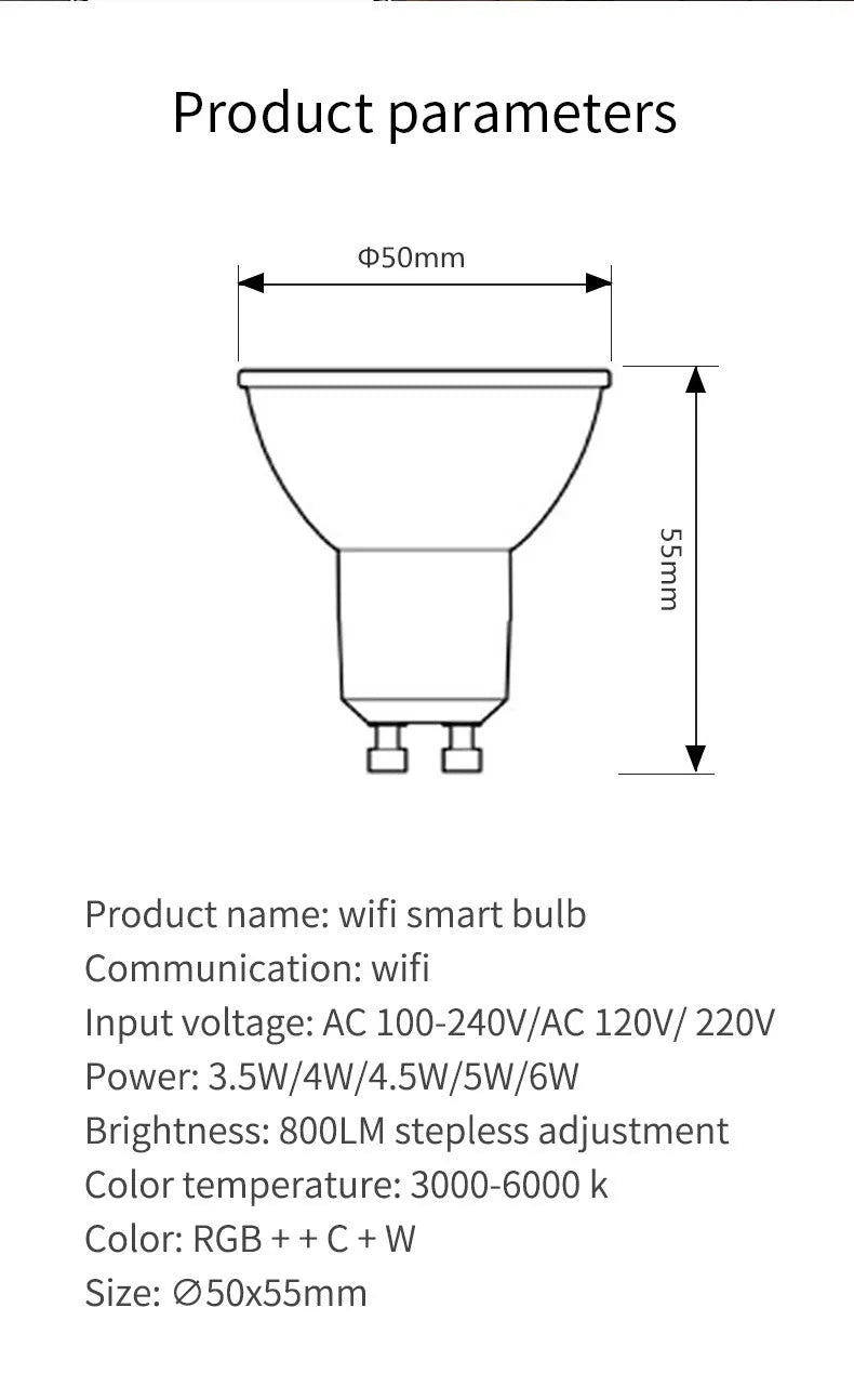 Smart WiFi GU10 RGBCCT LED spotlight with voice control, 5W, 50x55mm.