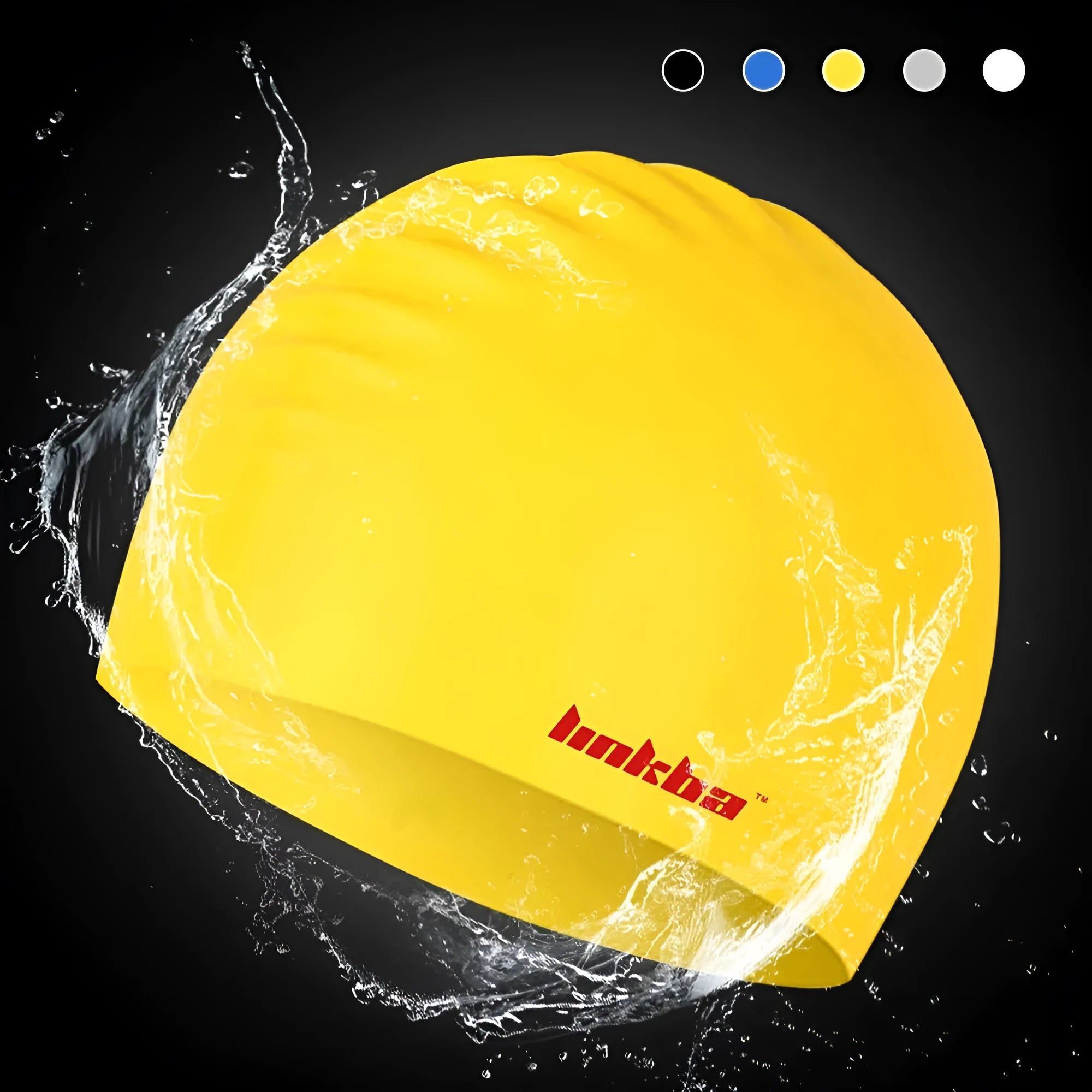 Silicone swimming cap with waterproof earmuffs in five colour options: black, white, yellow, blue, grey.