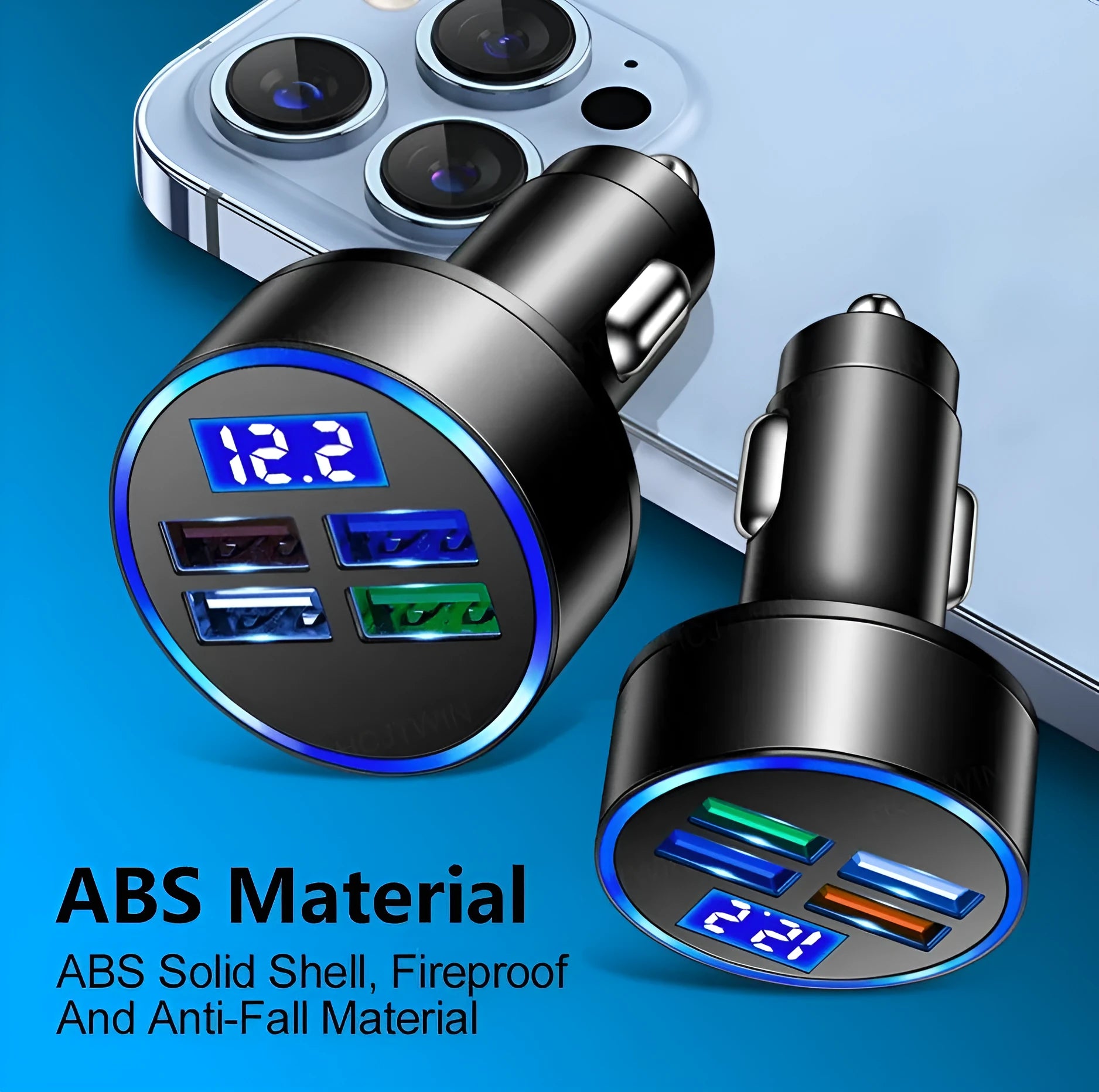 Black multi-port car charger for vehicles with 3100mA output current and 12-24V compatibility