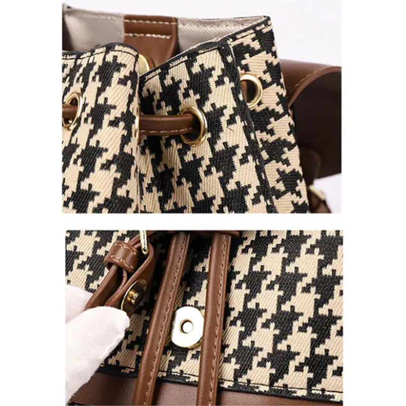 Women's houndstooth backpack in Ostrich with Khaki colour, medium size cylindrical shape with car stitching and contrast colour details