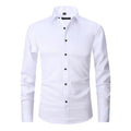 Men's polyester stretch long sleeve work shirt shown in multiple colour options with size chart